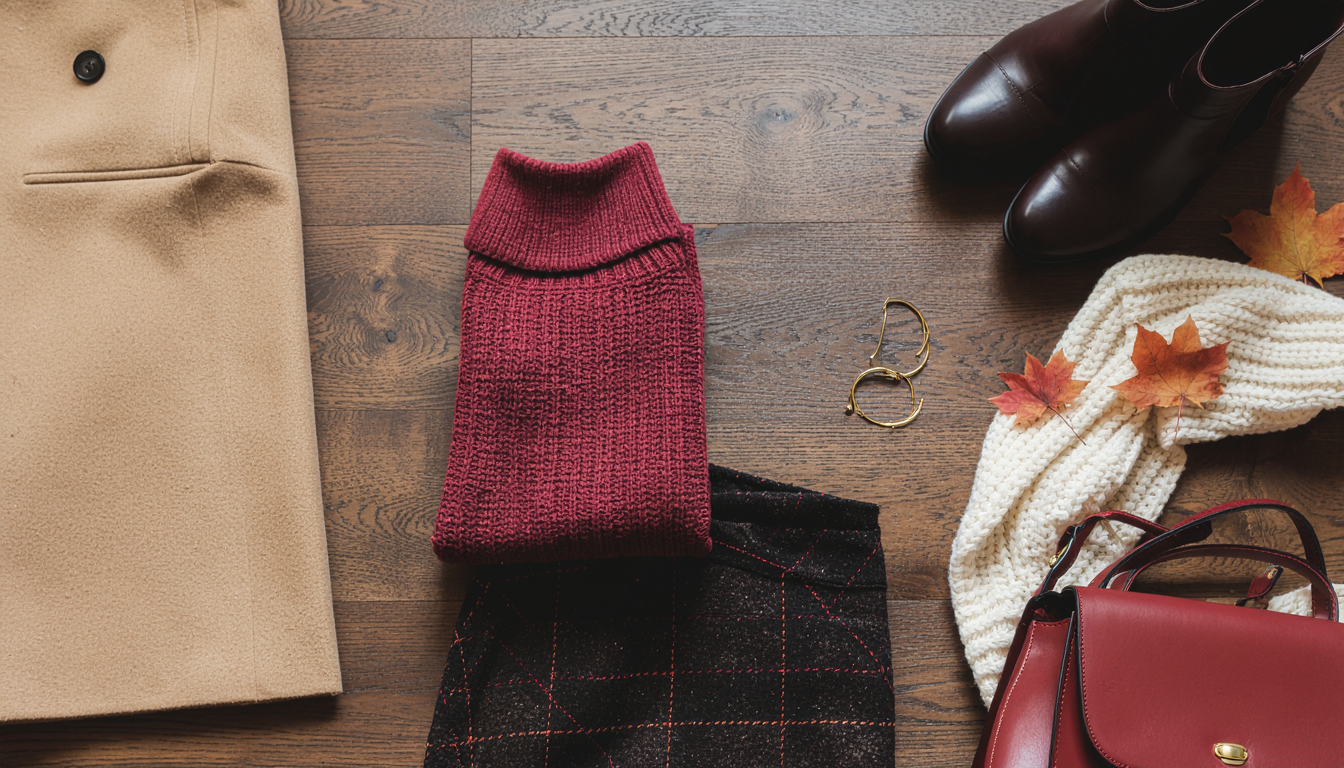 Burgundy and Camel Outfit Flat Lay