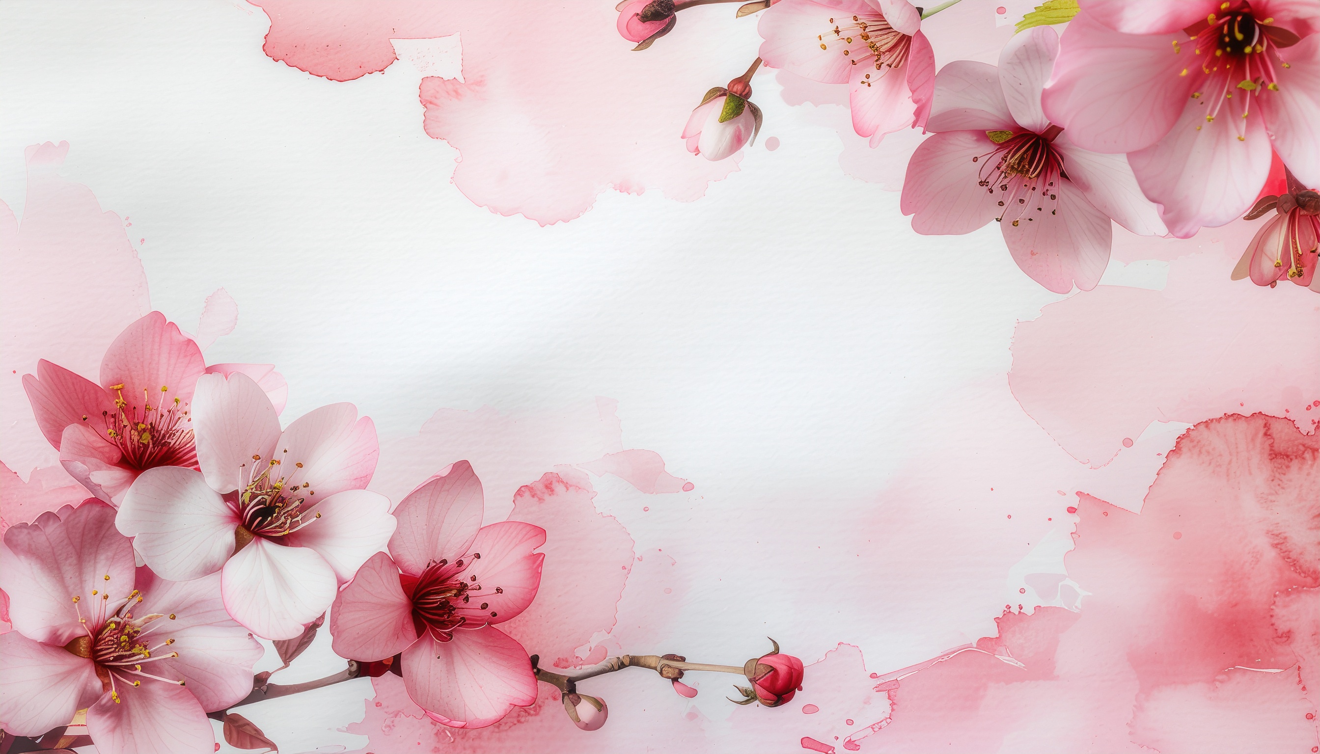 Cherry Blossoms with Pink Watercolor Wash