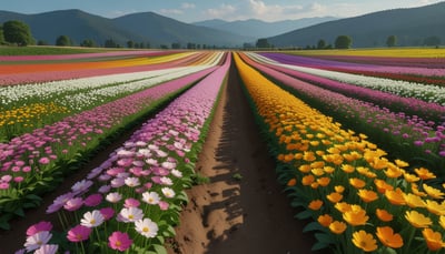 色とりどりの花畑と山並みの風景