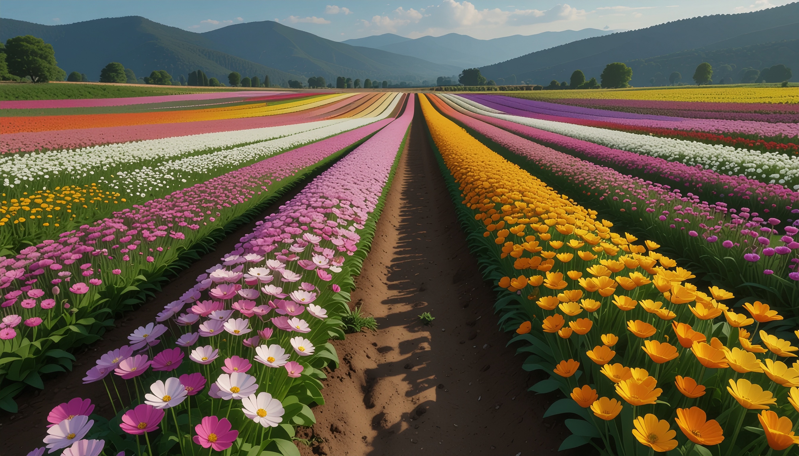色とりどりの花畑と山並みの風景