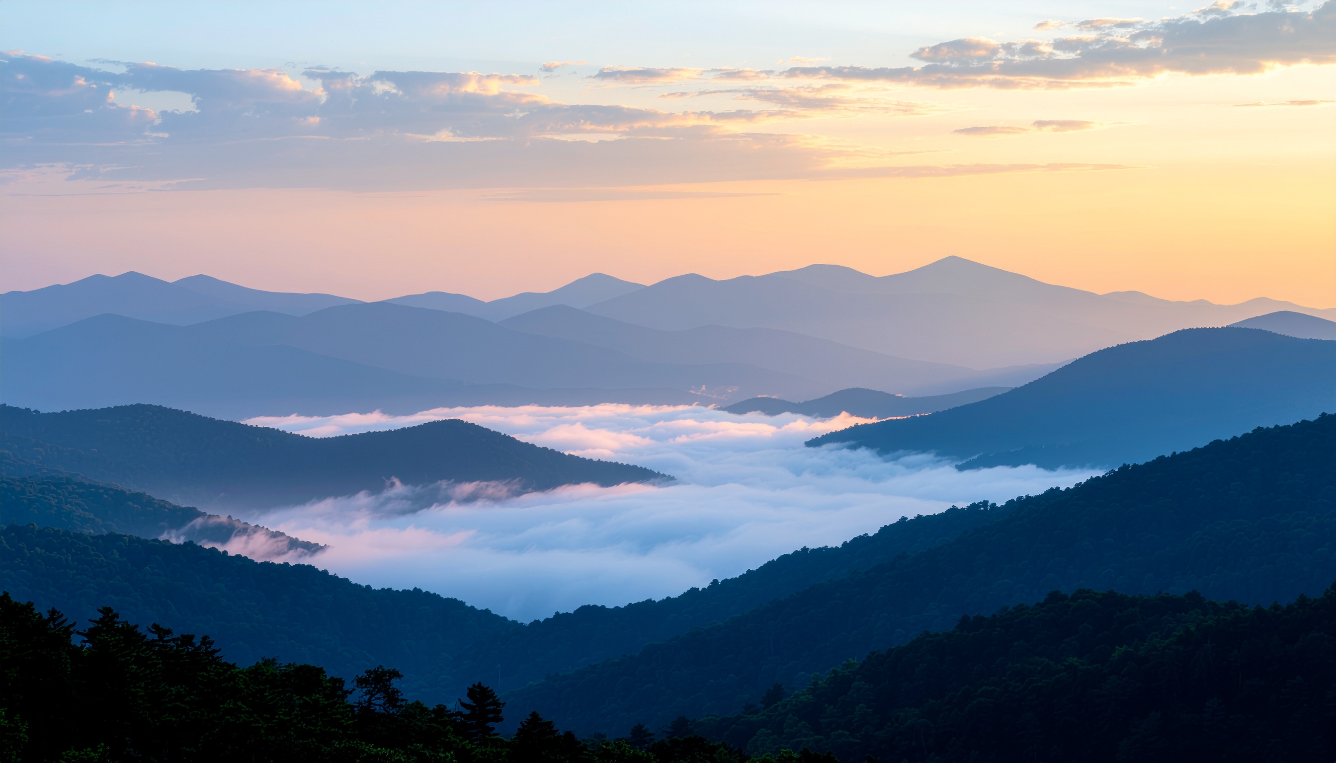 夜明けの霧深い山並みと雲海