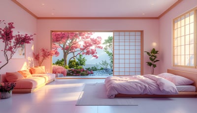 Japandi Bedroom with Cherry Blossom Garden View