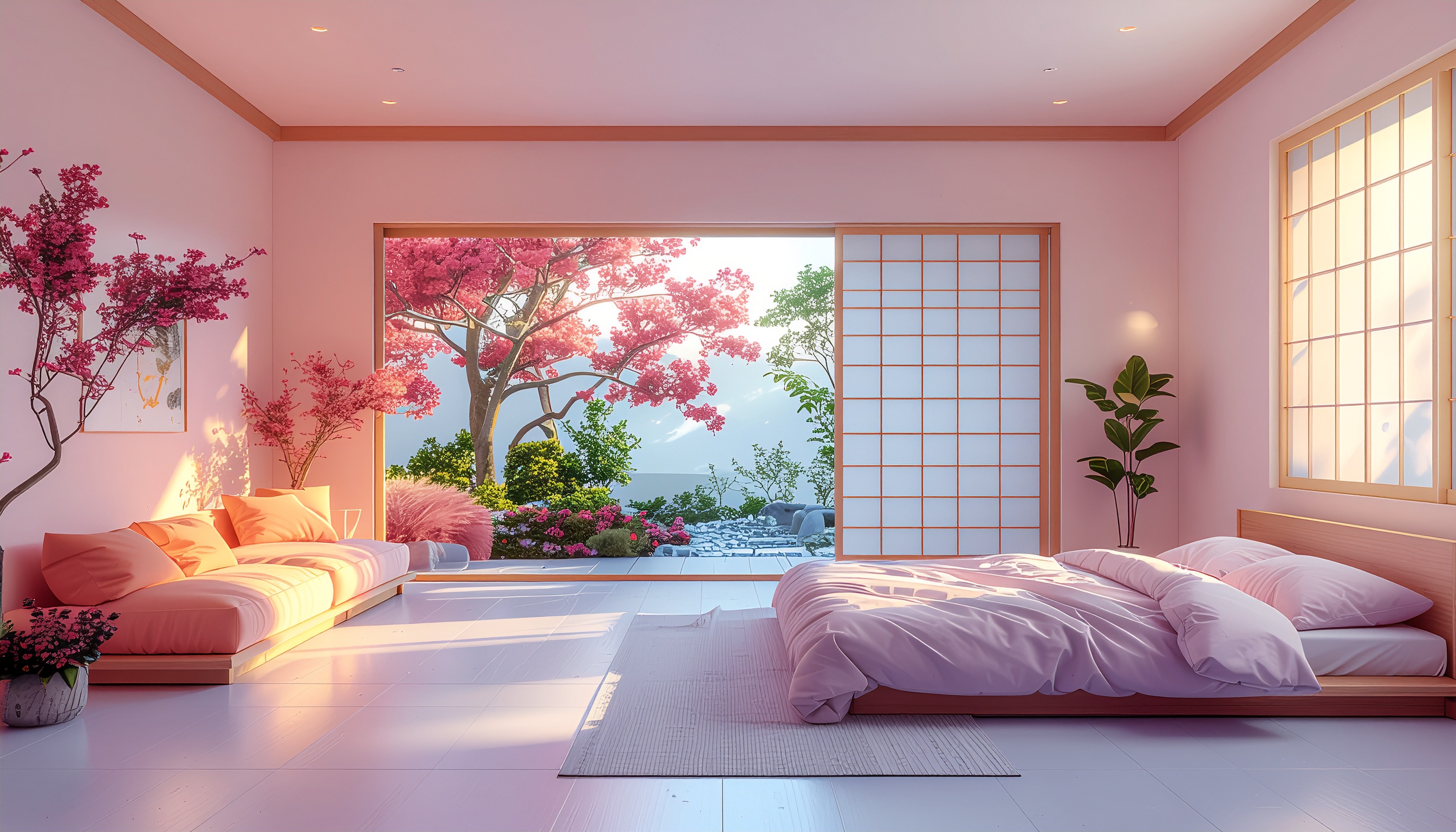 桜の庭を望む和モダン寝室