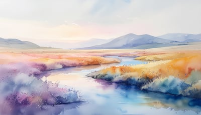 Watercolor Rainbow River Landscape