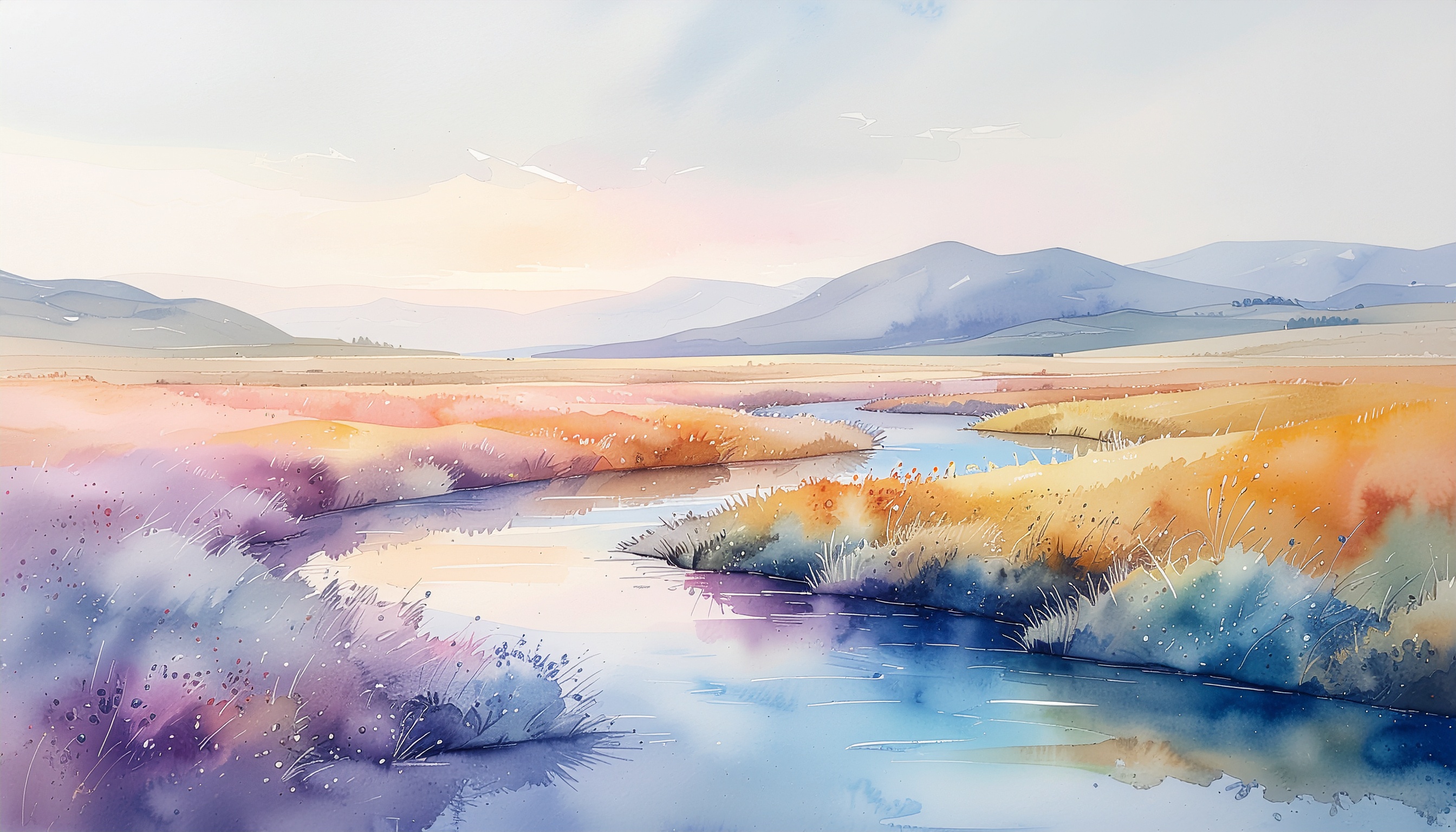 Watercolor Rainbow River Landscape