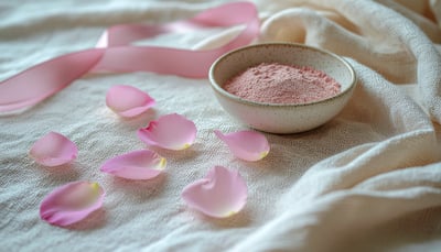桜色のバラ花弁とリネン布の静物