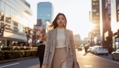 夕暮れの東京ストリートファッション