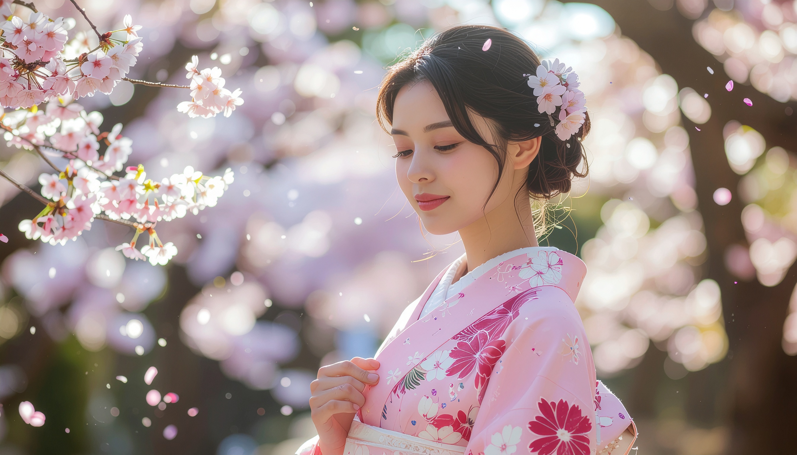 桜舞う淡桃色の着物ポートレート