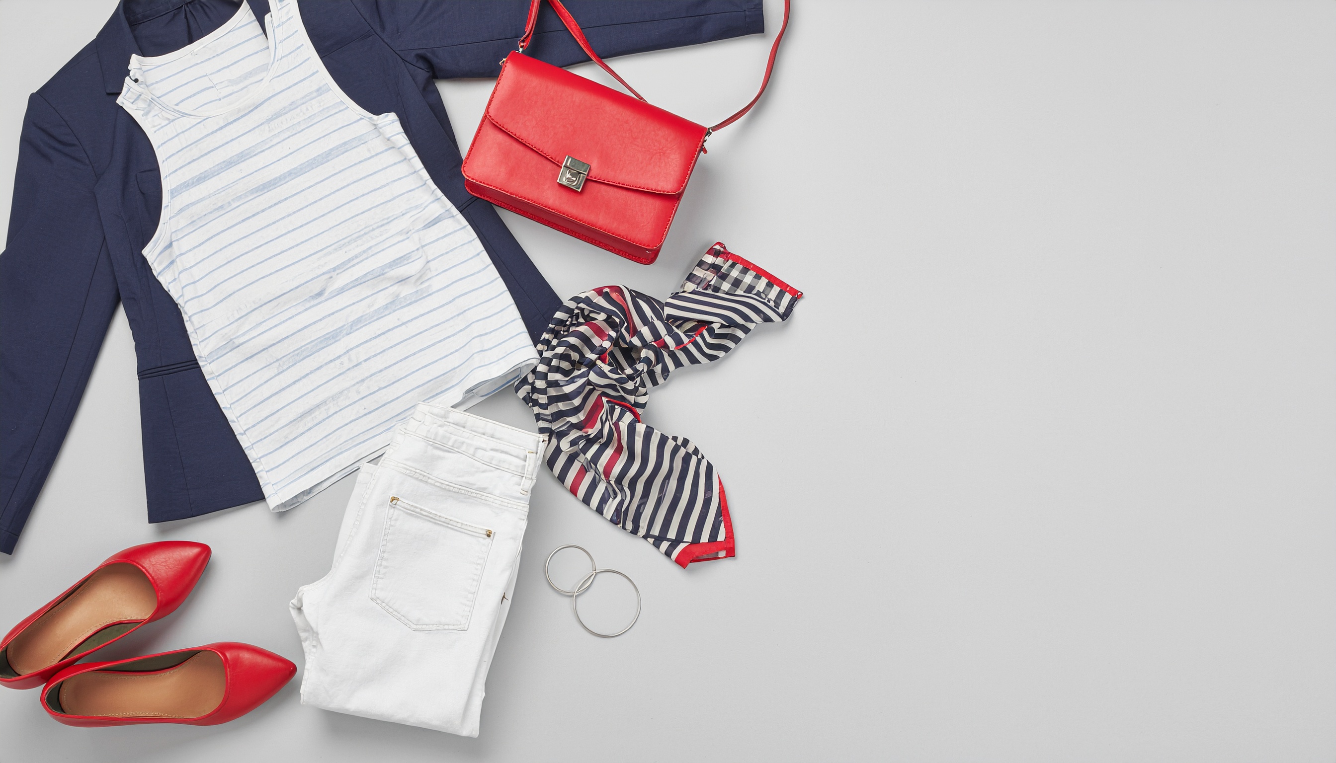 Navy, White and Red Outfit Flat Lay