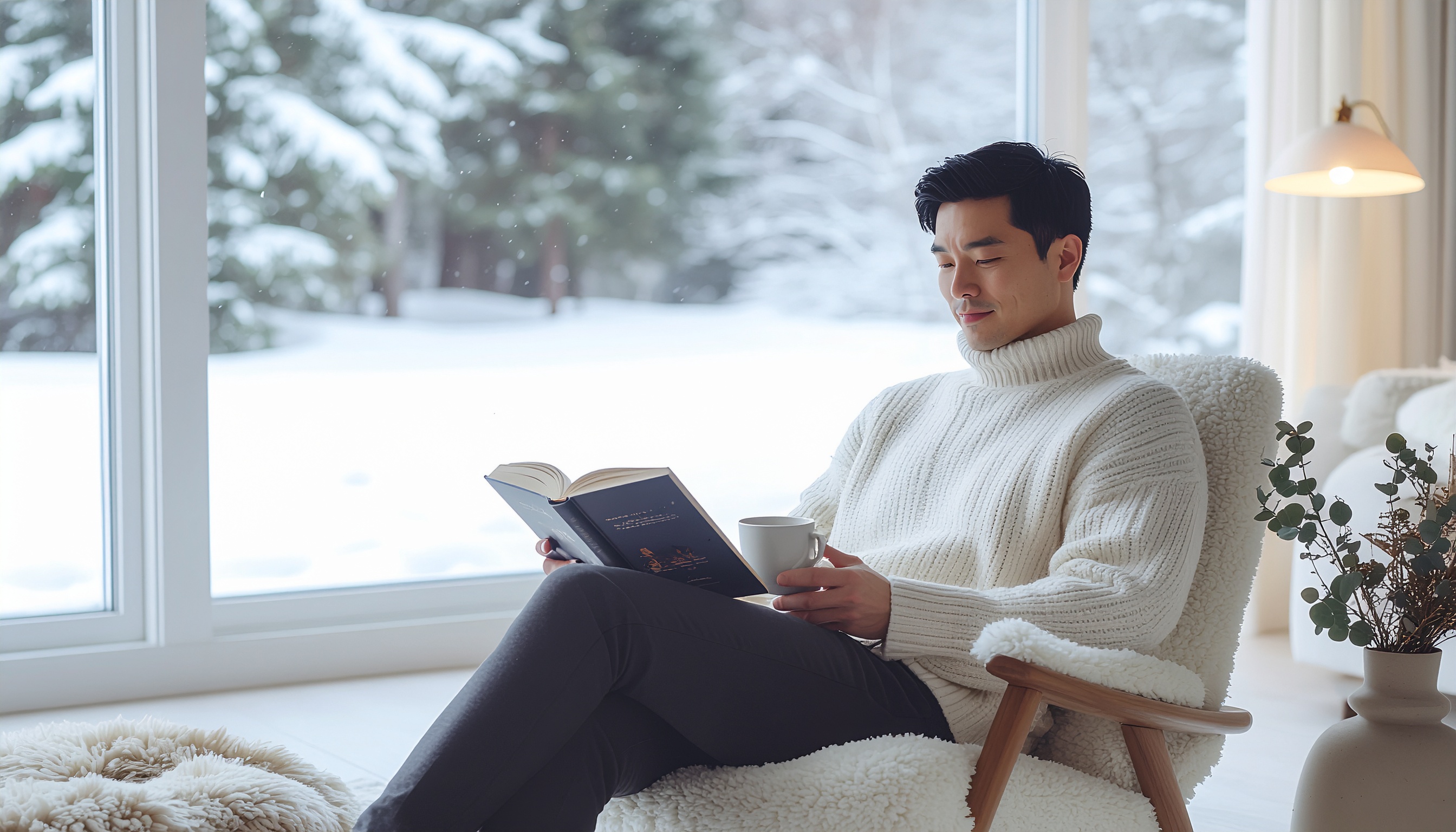 雪景色の窓辺で読書する男性