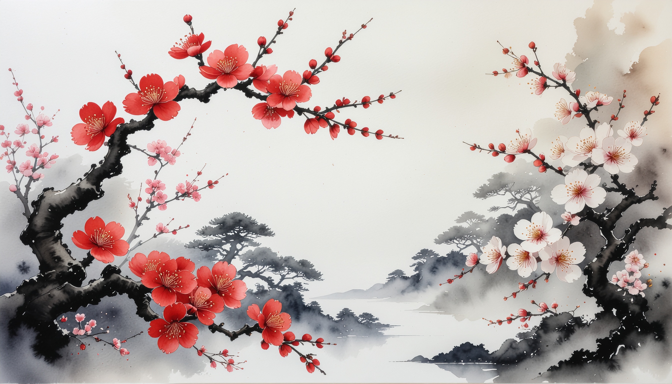 Red and White Plum Blossoms in Watercolor