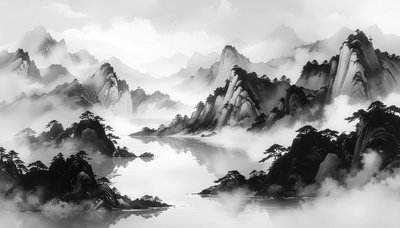墨絵風の山水風景