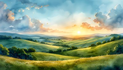 なだらかな丘陵の水彩風景イラスト